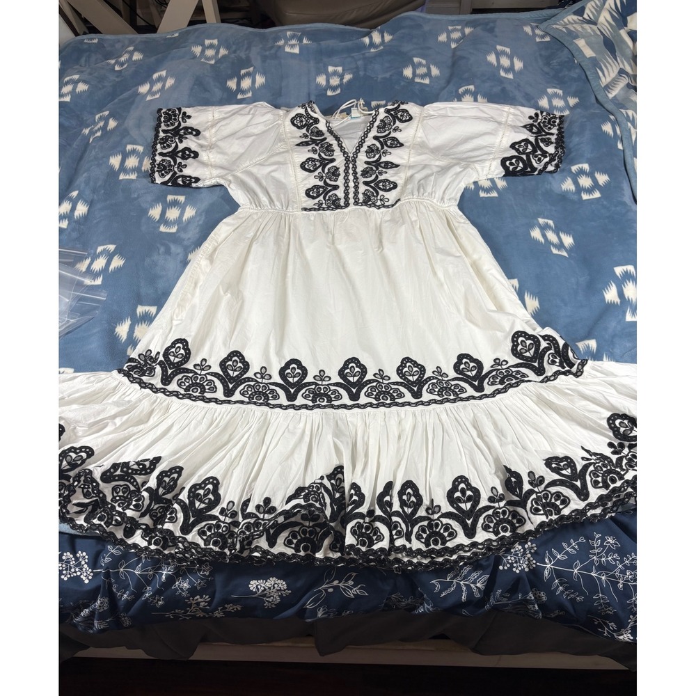 Sundance White Black Embroidered Cotton Midi Dress XL Boho Tassel Tiered Peasant